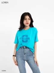 Áo thun nữ LOREN cổ tròn in chữ xanh A2846