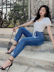 Quần jean baggy LOREN rách tua xanh B5389