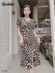 Đầm LOREN hoa vằn xẻ lai vàng C1136