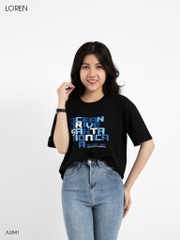 Áo thun nữ LOREN cổ tròn in chữ đen A2841