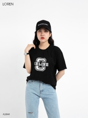 Áo thun nữ LOREN cổ tròn in chữ đen A2844
