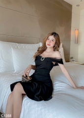 Đầm trễ vai phối lưới đen C1358
