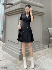 Đầm đính nút xếp ly đen C1352