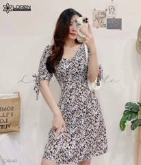 Đầm nút gỗ tay nơ tím C1642