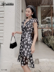 Đầm LOREN hoa cúc xòe đen C1138