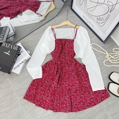 Đầm hoa 2s đỏ kèm khoác trắng C1757