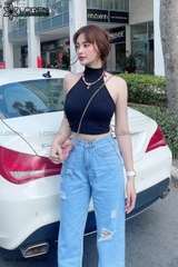 Quần jean ống rộng LOREN rách gối xanh B5431