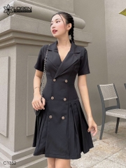 Đầm đính nút xếp ly đen C1352
