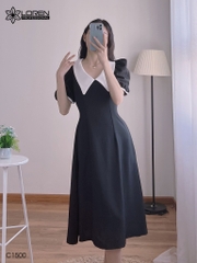 Đầm midi đen cổ peter trắng C1500