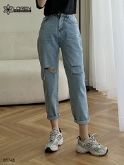 Quần jean baggy LOREN rách gối tua xanh B5748