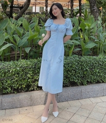 Đầm tay phồng cột nơ xanh C1739