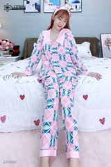 Đồ ngủ pijama dài phối cổ bèo hồng D1658