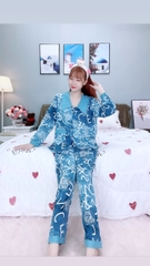 Đồ ngủ pijama dài phối cổ bèo xanh D1660