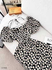 Đầm maxi loren đen hoa cúc bo chun C1925