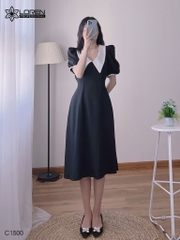 Đầm midi đen cổ peter trắng C1500