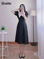 Đầm midi đen cổ peter trắng C1500
