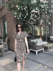 Đầm LOREN hoa vằn xẻ lai vàng C1136