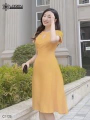Đầm LOREN xòe cổ tròn vàng C1128