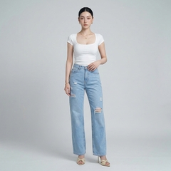 Quần jean ống rộng LOREN rách gối xanh B5431