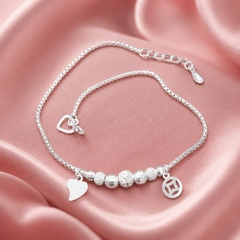 Lắc Chân Bạc Cho Nữ - Bi Tròn Charm Tim Và Đồng Xu - LCBN011