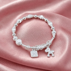 Lắc Tay Bạc Bi 99 Mix Ngọc Cho Nữ - Bi Bạc Ngọc Trắng Charm Túi Và Ngựa - LTB99MN021