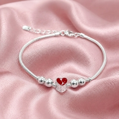Lắc Tay Bạc Trơn Cho Bé - Dây Cáp Charm Trái Tim Đỏ - LTTB008