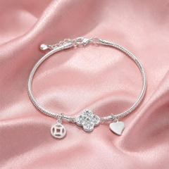 Lắc Tay Bạc Trơn Cho Bé - Dây Cáp Charm Cỏ Bốn Lá Và Tim - LTTB009