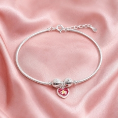 Lắc Tay Bạc Trơn Cho Bé - Dây Cáp Charm Tròn Đỏ - LTTB010