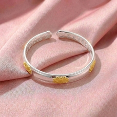 Vòng Tay Bạc Hoa Sen Vàng - Vòng Đặc Bạc Nguyên Chất - VTBHSV0010