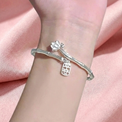 Vòng Tay Bạc Kiềng Trúc Hở Hoa Sen - Vòng Đặc Bạc Nguyên Chất - VTBKTHHS0030