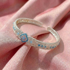 Vòng Tay Bạc Kiềng Cứng Men Xanh - Vòng Đặc Bạc Nguyên Chất - VTBKCMX0035