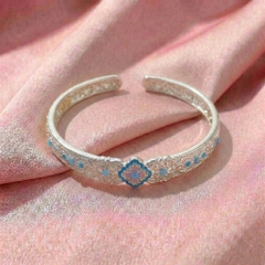 Vòng Tay Bạc Kiềng Cứng Men Xanh - Vòng Đặc Bạc Nguyên Chất - VTBKCMX0035