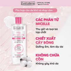 Nước tẩy trang Evoluderm Micellaire chiết xuất cây Bông dành cho da khô và nhạy cảm 500ml