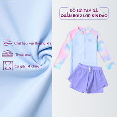 Đồ bơi bé gái YUKE tay dài quần ngắn ombre sôi động khóa kéo trước tiện lợi size từ 10–30kg