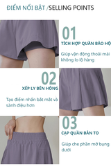 Quần short thể thao nữ pickleball cầu lông 2 lớp -  Xếp ly 2 bên hông siêu tôn dáng
