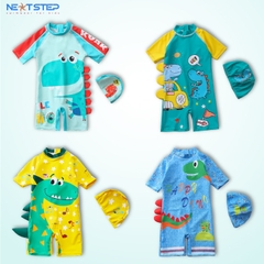 Đồ bơi bé trai liền thân họa tiết khủng long vây đỏ bao gồm nón