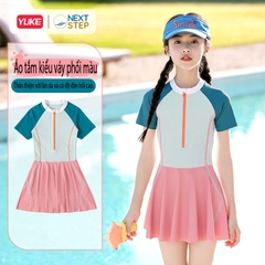Đồ bơi bé gái, liền than tay ngắn hiệu YUKE phối váy, chất vải co giãn size cho bé từ 13-35kg.