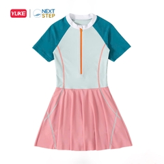 Đồ bơi bé gái, liền than tay ngắn hiệu YUKE phối váy, chất vải co giãn size cho bé từ 13-35kg.