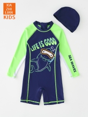 Đồ bơi bé trai tay dài liền thân vải chống UV kèm nón bơi HX 23106