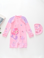 Đồ bơi bé gái liền thân tay dài chống nắng, bèo nhúng điệu đà, khóa kéo trước, tặng kèm nón bơi size 16-34kg