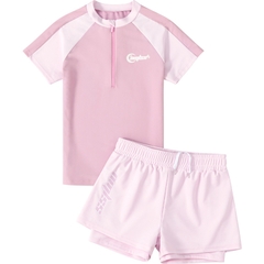 Đồ bơi bé gái Big Size Yuke tay ngắn màu hồng pastel, quần 2 lớp thoải mái, thiết kế kín đáo