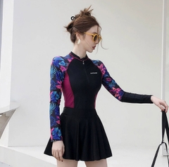Đồ bơi nữ liền thân tay dài kèm chân váy họa tiết hoa nhiệt đới