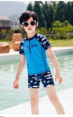 Đồ bơi bé trai dây kéo trước ngực tiện lợi phối hình cá mập quần 2 lớp có dây rút size đến 46kg
