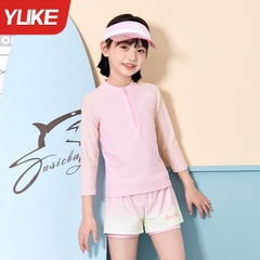 Đồ bơi bé gái tay dài quần đùi 2 lớp hiệu YUKE- Khóa kéo trước tiện lợi cho bé từ 15-42kg