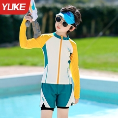 Đồ bơi bé trai tay dài quần đùi 2 lớp chống nắng hiệu YUKE, khóa kéo trước tiện lợi