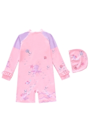 Đồ bơi bé gái liền thân tay dài chống nắng, bèo nhúng điệu đà, khóa kéo trước, tặng kèm nón bơi size 16-34kg