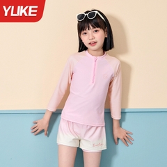 Đồ bơi bé gái tay dài quần đùi 2 lớp hiệu YUKE- Khóa kéo trước tiện lợi cho bé từ 15-42kg
