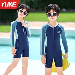 Đồ bơi bé trai liền thân tay dài chống nắng quần ngắn dây kéo trước ngực tiện lợi