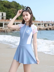 Đồ bơi bé gái lớn liền thân dạng váy liền quần đùi kín đáo phối màu thời trang New 2024 - 2614