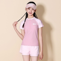 Đồ bơi bé gái Big Size Yuke tay ngắn màu hồng pastel, quần 2 lớp thoải mái, thiết kế kín đáo